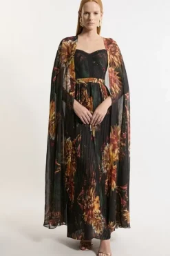 Karen Millen Dark Print Woven Pleated Cape Maxi Dress floral Best