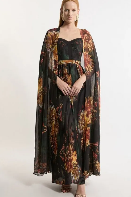 Karen Millen Dark Print Woven Pleated Cape Maxi Dress floral Best