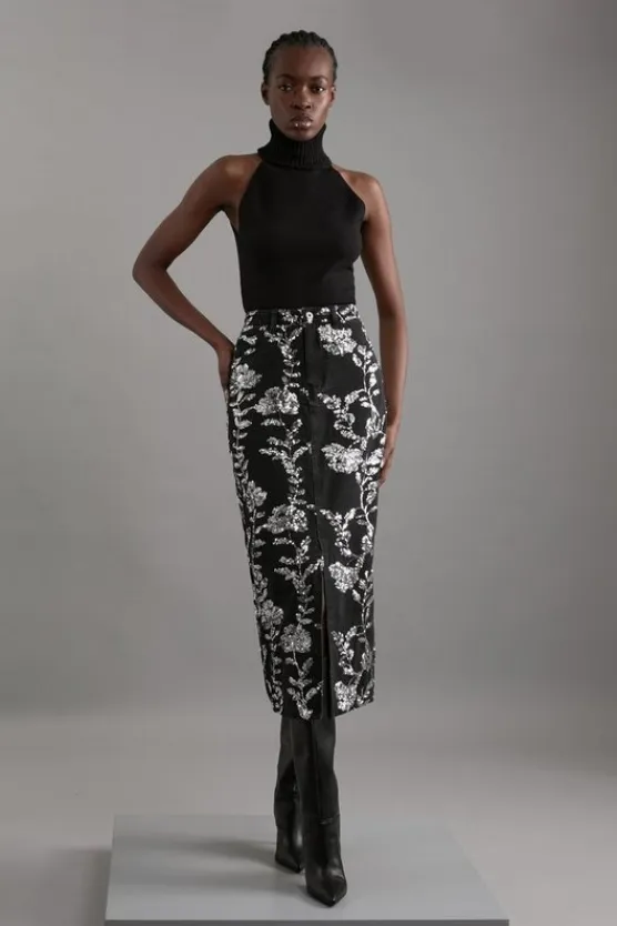 Karen Millen Denim All Over Floral Sequin Set black Clearance