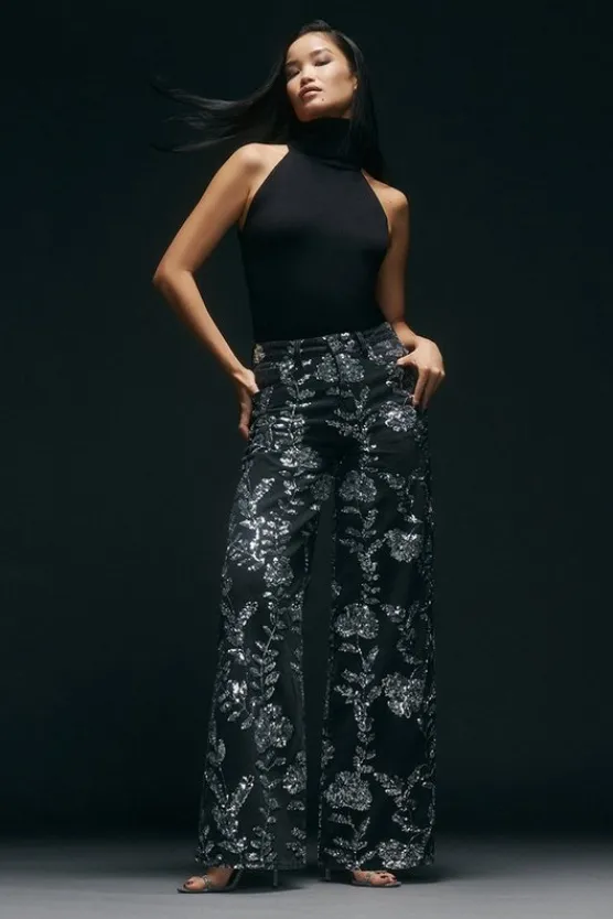 Karen Millen Denim All Over Floral Sequin Wide Leg Pants black Discount