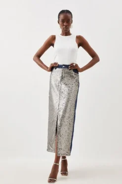 Karen Millen Denim & Sequin Maxi Skirt midblue Outlet