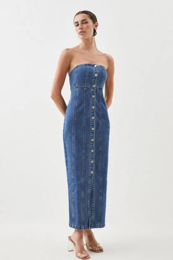 Karen Millen Denim Bandeau Button Midi Dress midwash Hot