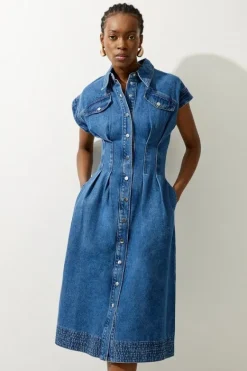 Karen Millen Denim Button Through Darted Waist Maxi Shirt Dress midblue New