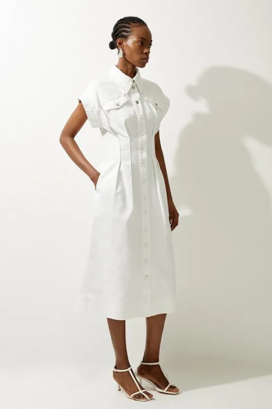 Karen Millen Denim Button Through Darted Waist Maxi Shirt Dress ivory Outlet
