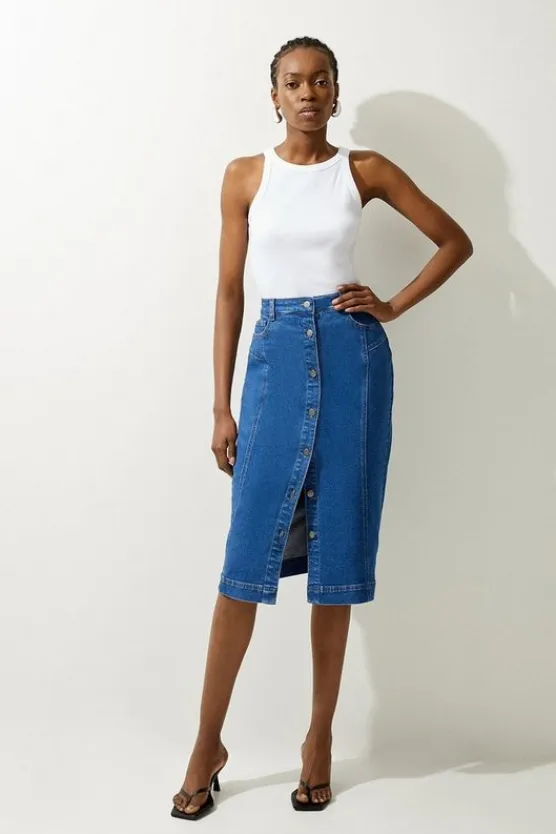 Karen Millen Denim Button Through Midi Skirt midblue Hot