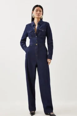 Karen Millen Denim Long Sleeve Jumpsuit indigo Hot