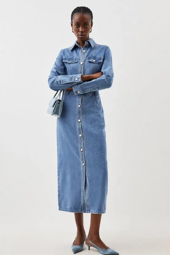 Karen Millen Denim Long Sleeve Midi Shirt Dress midwash Outlet