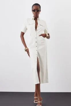 Karen Millen Denim Maxi Shirt Dress cream Fashion