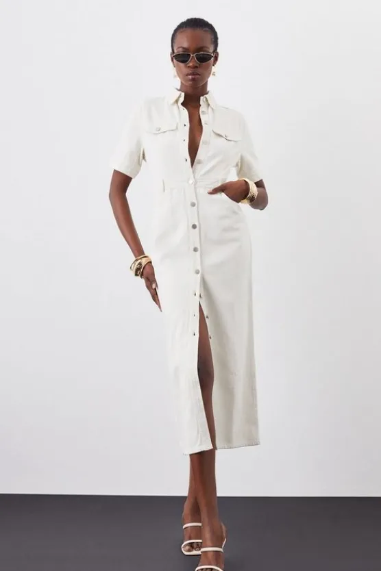 Karen Millen Denim Maxi Shirt Dress cream Fashion