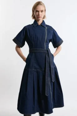 Karen Millen Denim Pleated Hem Biker Dress darkwash Fashion