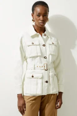 Karen Millen Denim Pocket Detail Belted Safari Jacket cream Outlet
