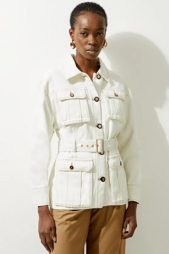 Karen Millen Denim Pocket Detail Belted Safari Jacket cream Outlet