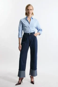 Karen Millen Denim Straight Leg Turn Up Hem Jeans indigo New