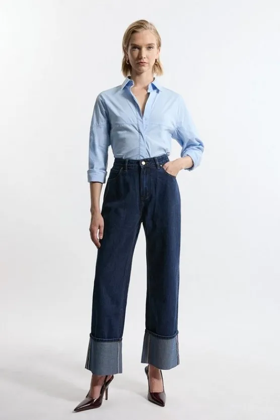Karen Millen Denim Straight Leg Turn Up Hem Jeans indigo New