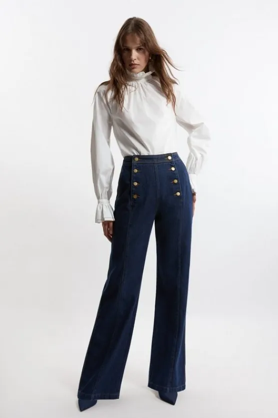 Karen Millen Denim Tailored Button Front Straight Leg Jeans indigo Discount