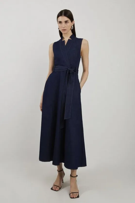 Karen Millen Denim Tailored Notch Neck Belted Fluid Midi Dress indigo Hot