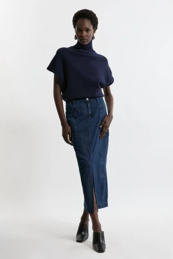 Karen Millen Denim Woven Cargo Pocket Tailored Midi Skirt indigo Best