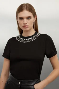 Karen Millen Diamante Trim Cotton T-Shirt black Hot