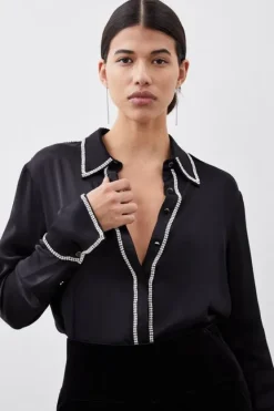 Karen Millen Diamante Trim Viscose Woven Satin Shirt black Sale