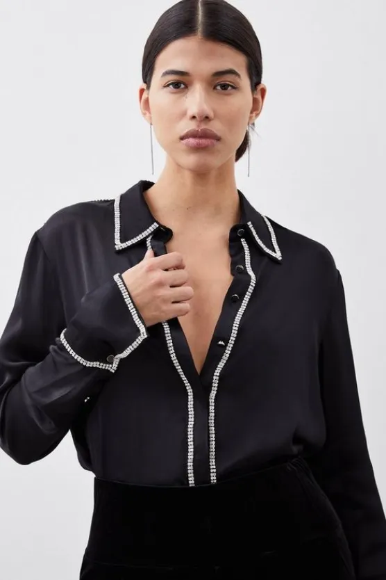 Karen Millen Diamante Trim Viscose Woven Satin Shirt black Sale