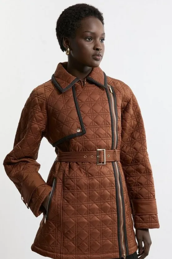 Karen Millen Diamond Quilted Belted Short Puffer Trench Jacket tan Best