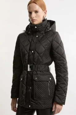 Karen Millen Diamond Quilted Belted Short Padded Coat black Clearance
