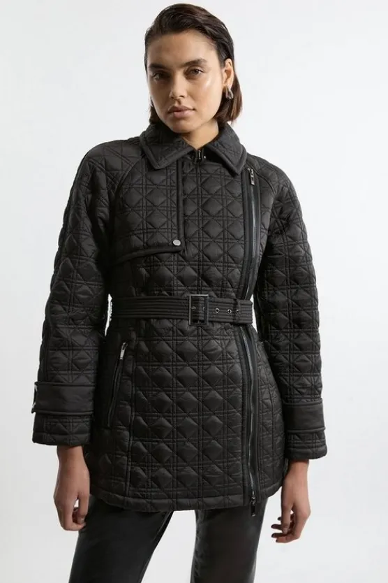 Karen Millen Diamond Quilted Belted Short Puffer Trench Jacket black Clearance
