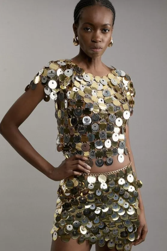 Karen Millen Disc Sequin Cap Sleeve Crop Top gold Clearance