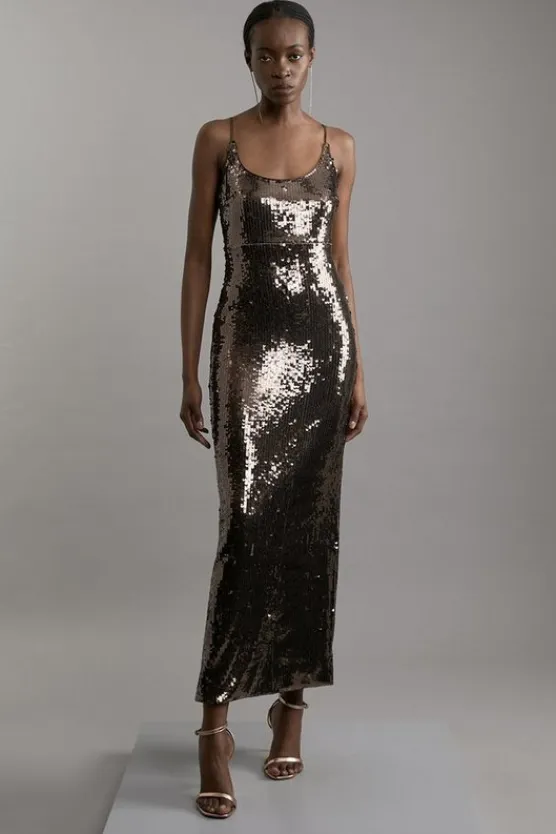 Karen Millen Disc Sequin Strappy Woven Midi Dress gunmetal Best