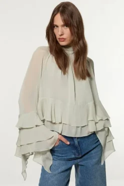 Karen Millen Drama Kimono Viscose Georgette Woven Blouse sage New