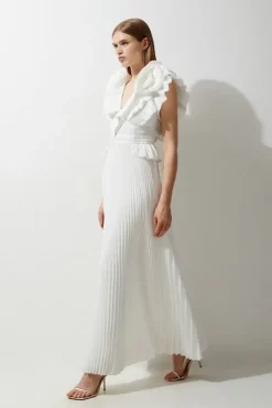Karen Millen Drama Pleat Ruffle Rosette Woven Maxi Dress white Sale
