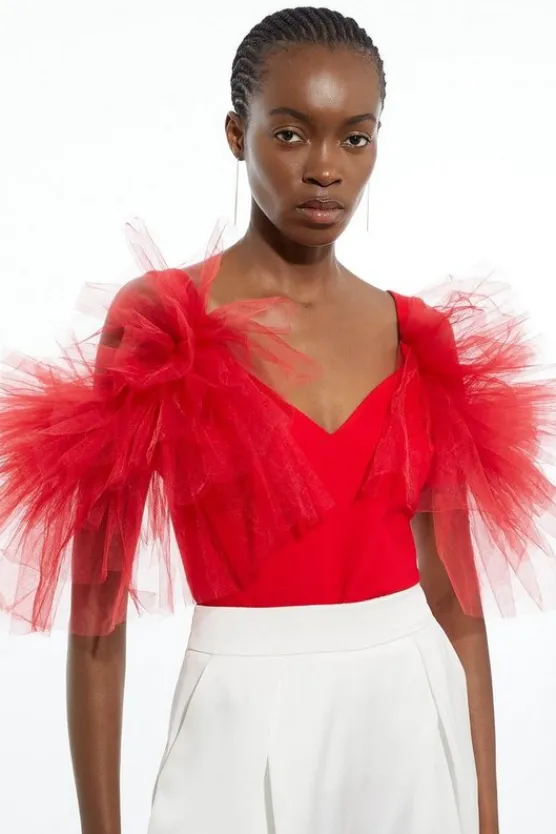 Karen Millen Drama Ponte And Tulle Strappy Jersey Bodysuit red Best