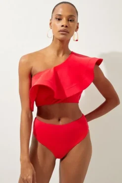 Karen Millen Drama Ruffle One Shoulder Bikini Top red Clearance