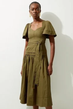 Karen Millen Drama Short Sleeve Tie Waist Woven Midi Dress khaki Discount