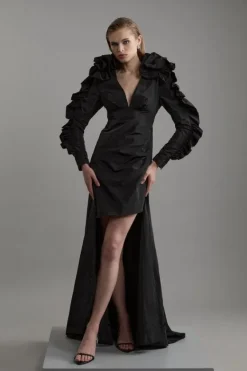 Karen Millen Drama Taffeta Rosette Woven Mini Dress black Clearance