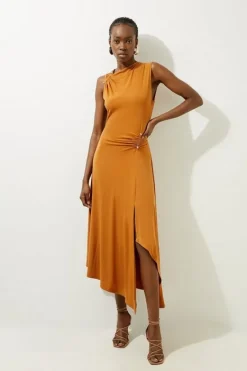 Karen Millen Drapey Crepe Jersey Long Sleeve Maxi Dress cinnamon Fashion