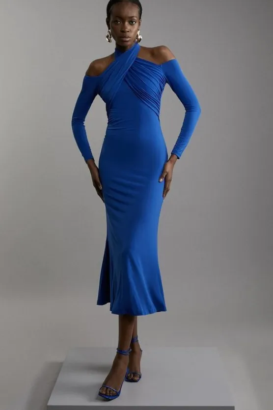 Karen Millen Drapey Crepe Twist Midaxi Dress cobalt New