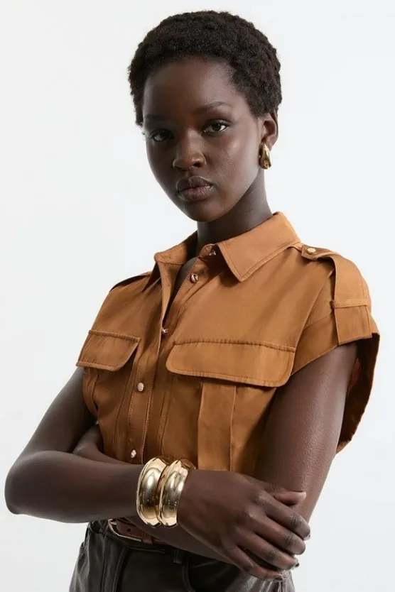 Karen Millen Drapey Polished Twill Utility Pocket Detail Woven Shirt camel Clearance