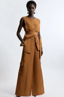 Karen Millen Drapey Polished Twill Utility Cargo Wide Leg Woven Pants camel Sale