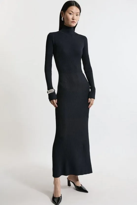 Karen Millen Drapey Ribbed Knit Column Midaxi Dress navy Best