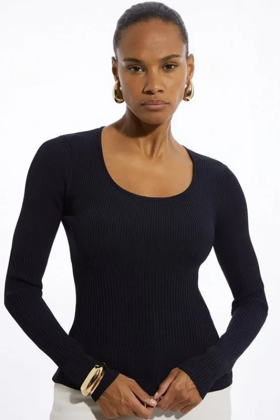 Karen Millen Drapey Ribbed Knit Scoop Neck Top navy Discount