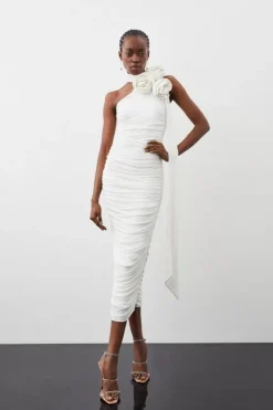 Karen Millen Drapey Ruched Jersey Rosette Midi Dress ivory Clearance
