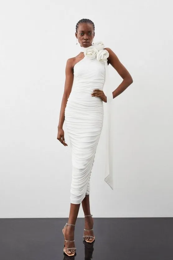 Karen Millen Drapey Ruched Jersey Rosette Midi Dress ivory Clearance