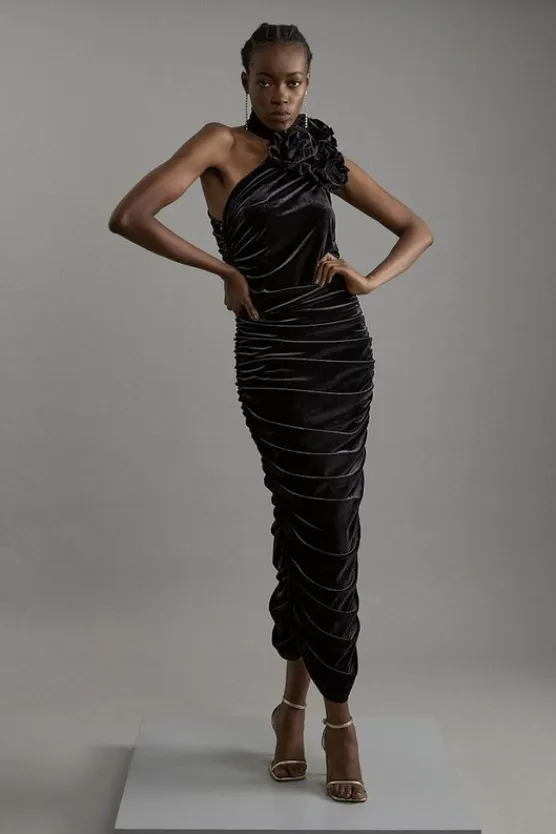 Karen Millen Drapey Ruched Jersey Velvet Rosette Midi Dress black Best