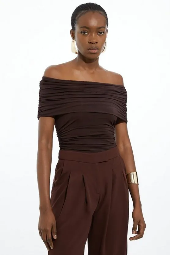 Karen Millen Drapey Slinky Jersey Off The Shoulder Bodysuit chocolate New