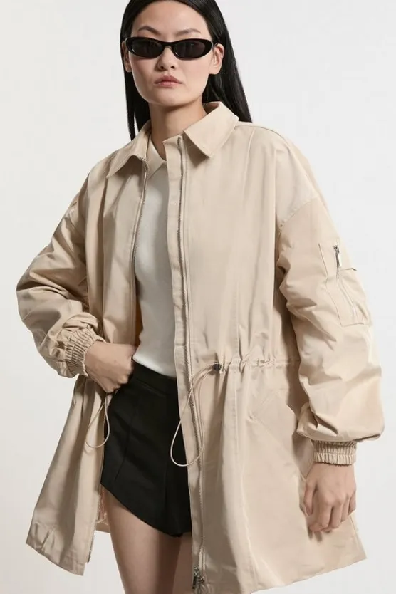 Karen Millen Drawstring Waist Collared Zip Through Mid Length Jacket stone Hot