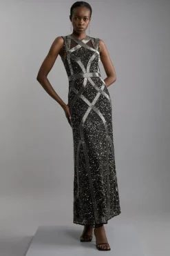Karen Millen Embellished And Beaded Woven Maxi Dress black Hot