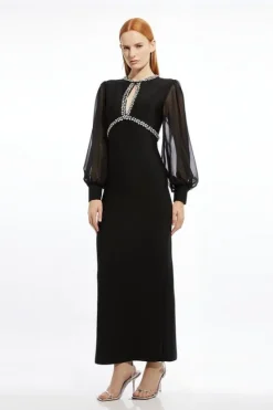 Karen Millen Embellished And Chiffon Sleeve Figure Form Knit Midaxi Dress black Discount