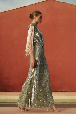 Karen Millen Embellished Beaded Cap Sleeve Woven Maxi Dress silver Sale