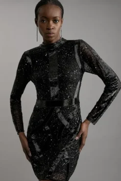 Karen Millen Embellished Beaded High Neck Woven Mini Dress black Sale